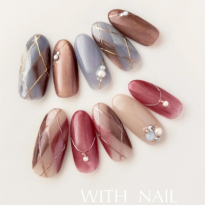 ⑤大人っぽいくすみ感♪マグネット×アーガイルネイル