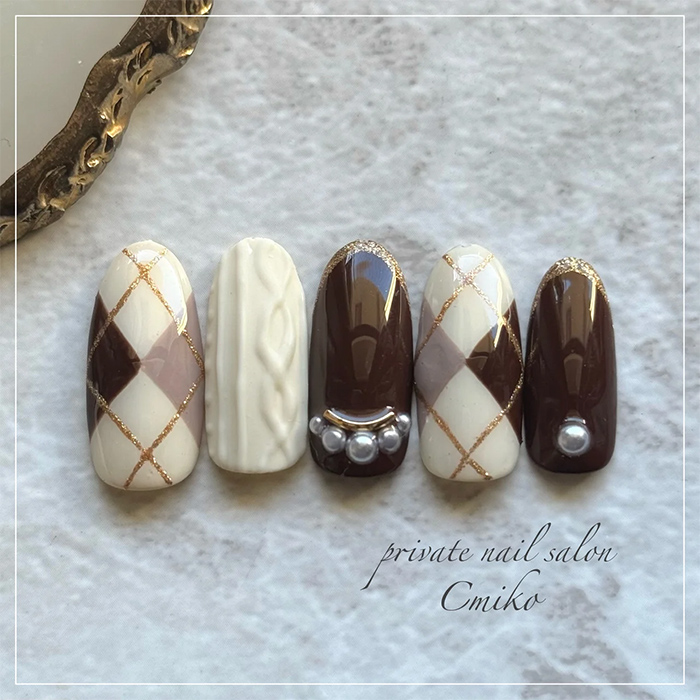 ⑥ニットと相性◎♪ブラウン系アーガイルネイル