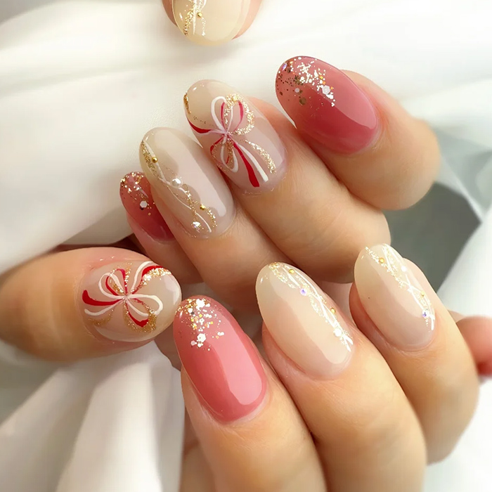 ①ピンクで肌なじみ◎♪水引きアートの和柄ネイル