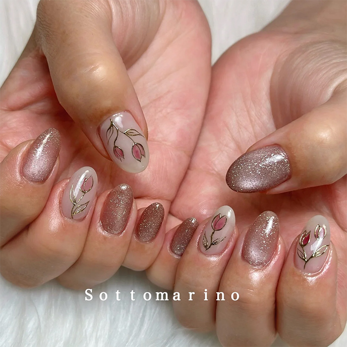 ②マグネットの煌めき☆ミラーライン×チューリップネイル