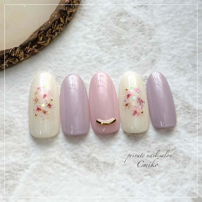 ⑨一足早く春の気分☆パステル×押し花ネイル