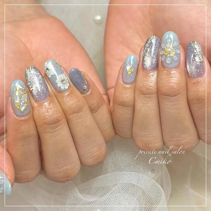 ⑬爽やかに彩る☆ブルーベースのフラワーネイル