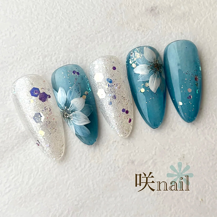 ⑧卒入学式にも♪ブルーベースの手描きフラワーネイル