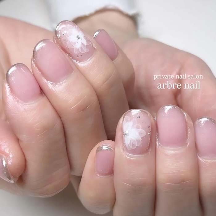 ⑥式典にも◎ミラースキニーフレンチ×水彩風フラワーネイル