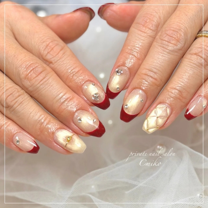 ⑨秋カラーにマグネットの輝き☆ボルドーフレンチ×キルティングネイル